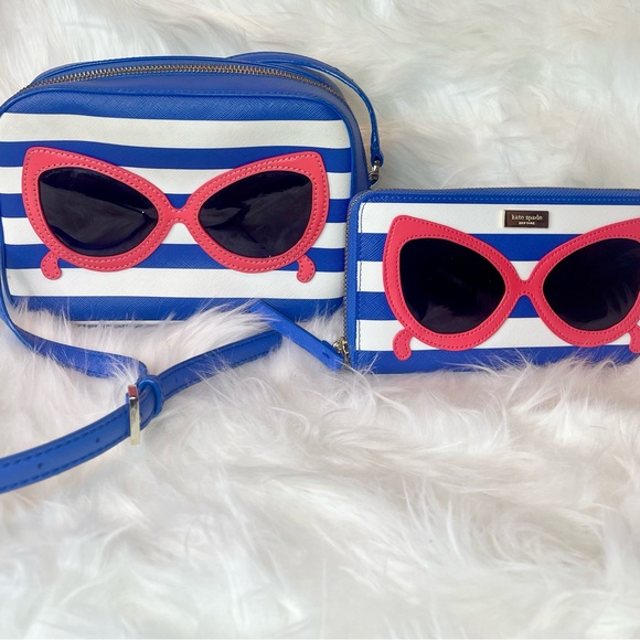 Kate Spade Sunglasses Novelty Bag and wallet Blue and White Striped Bag Set EUC